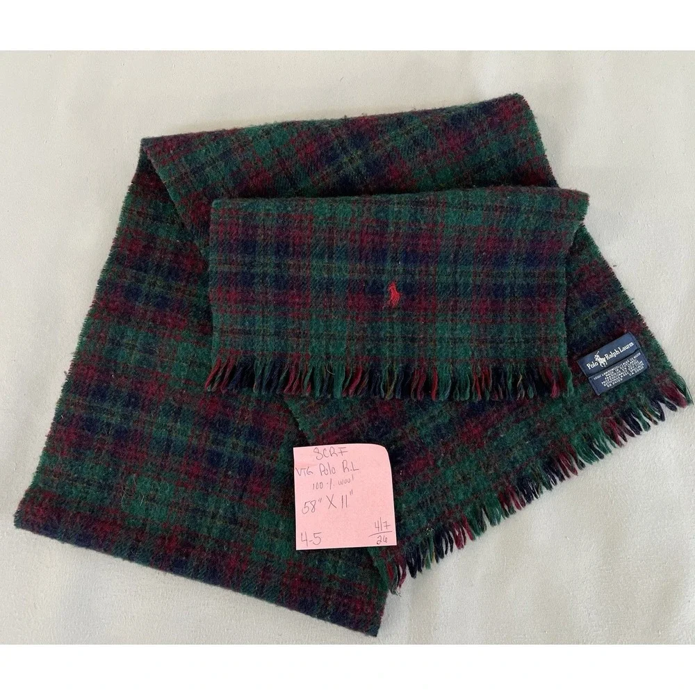 VTG Polo Ralph Lauren Men's Lambwool Plaid Scarf Red Green 58